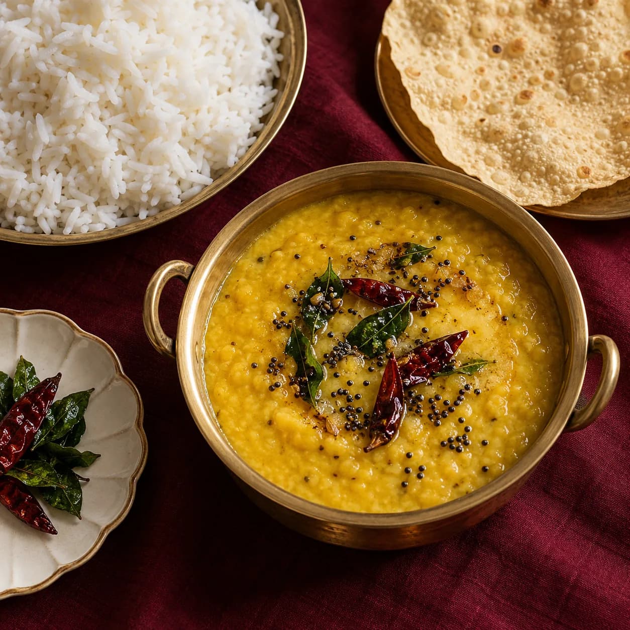 Dal tadka in a brass bowl, with rice and papadum