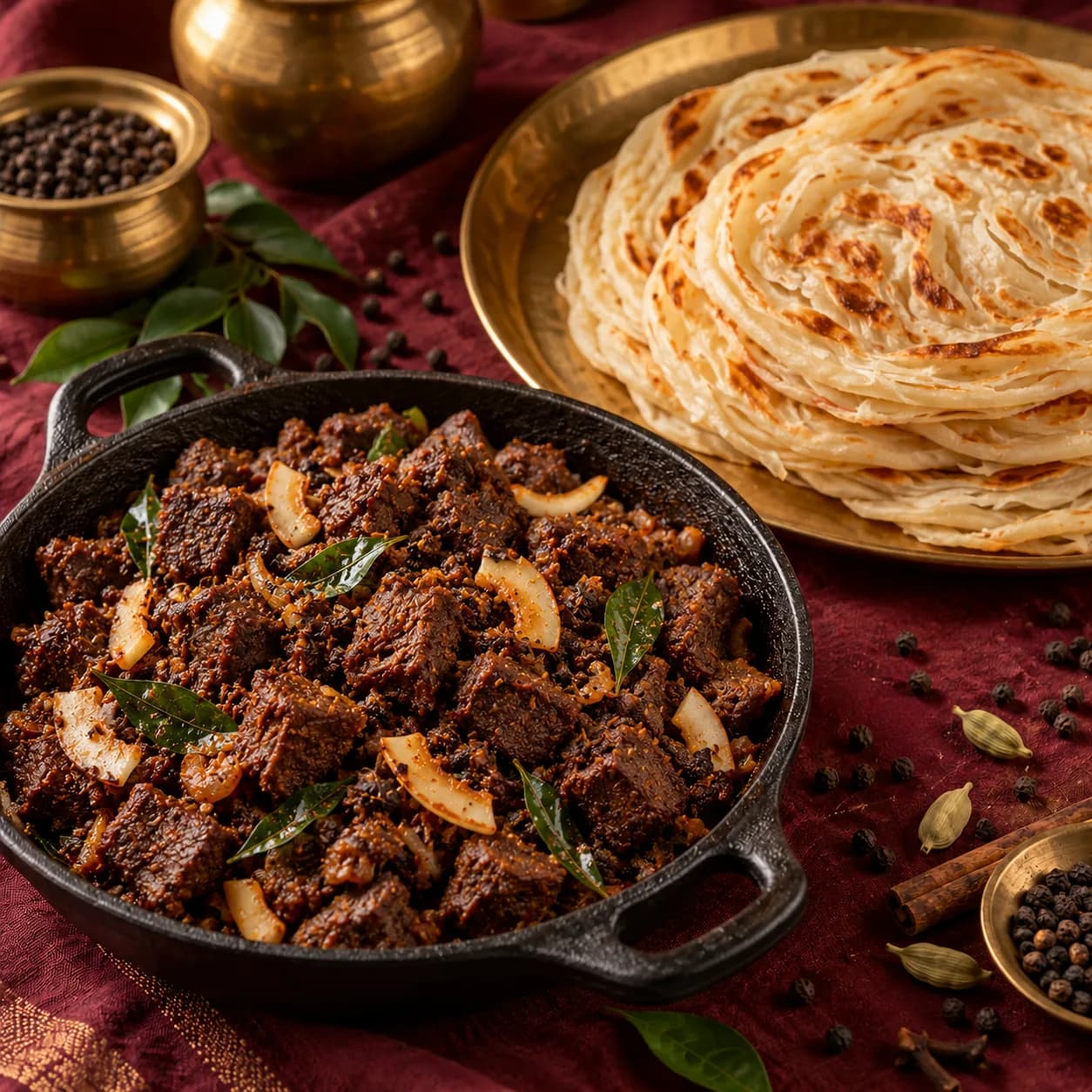Kerala beef fry in an iron pan, beside a stack of parottas