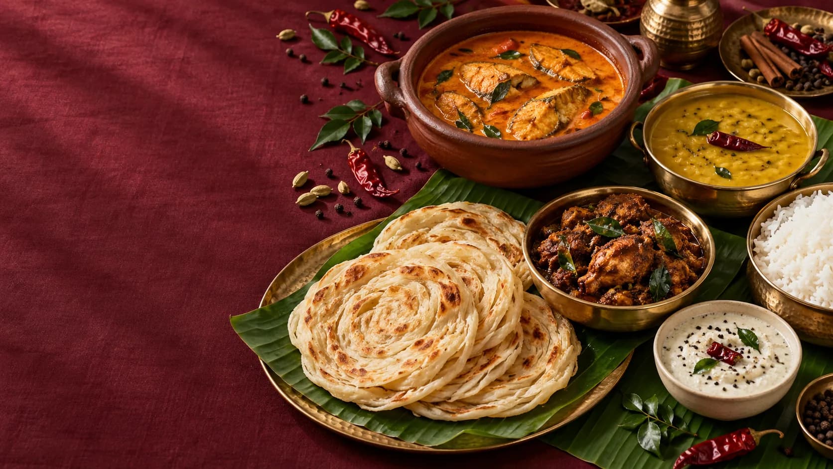 A Kerala meal on a banana leaf: parottas, fish curry, chicken, dal, rice and coconut chutney
