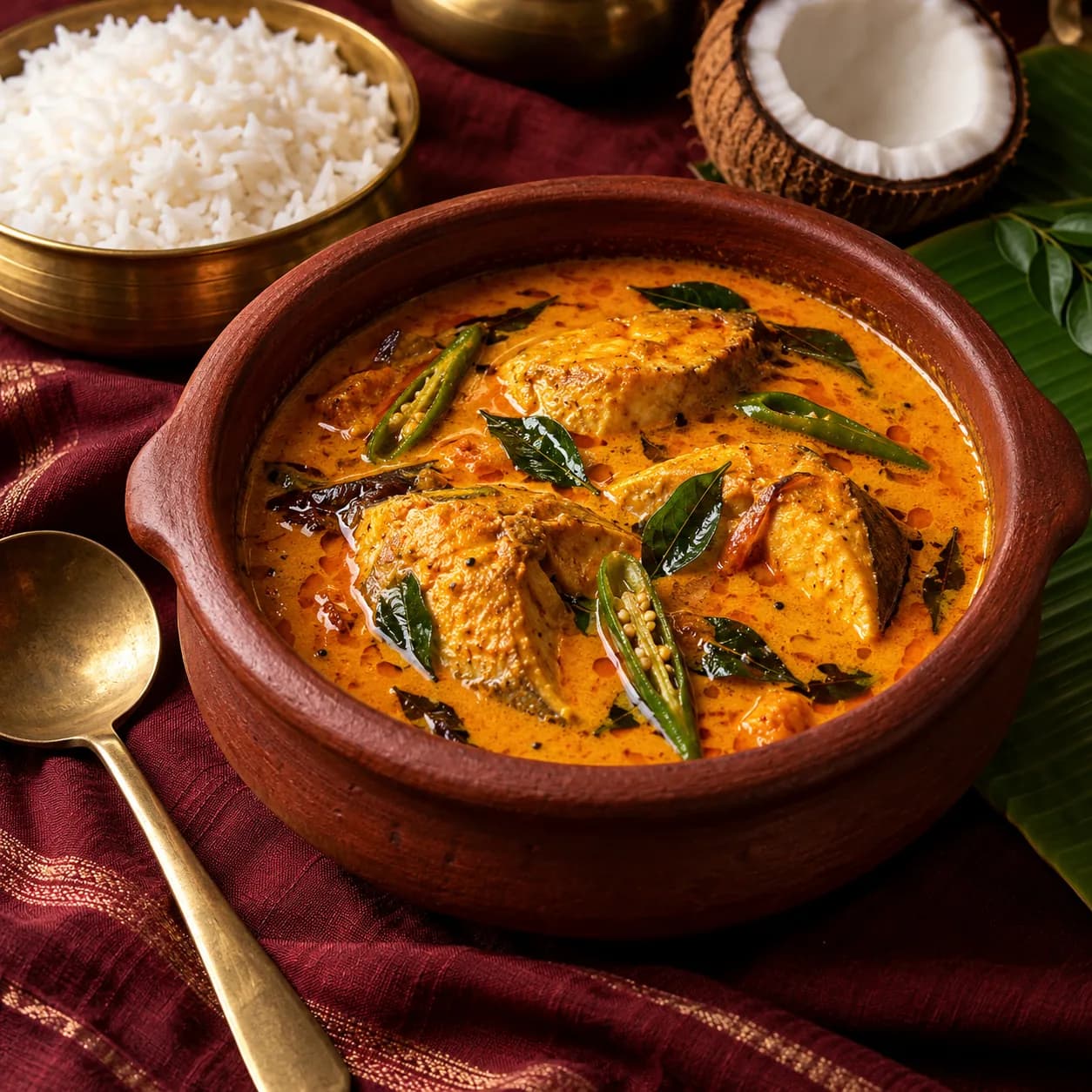 Kerala fish curry in a clay pot, with rice and a halved coconut