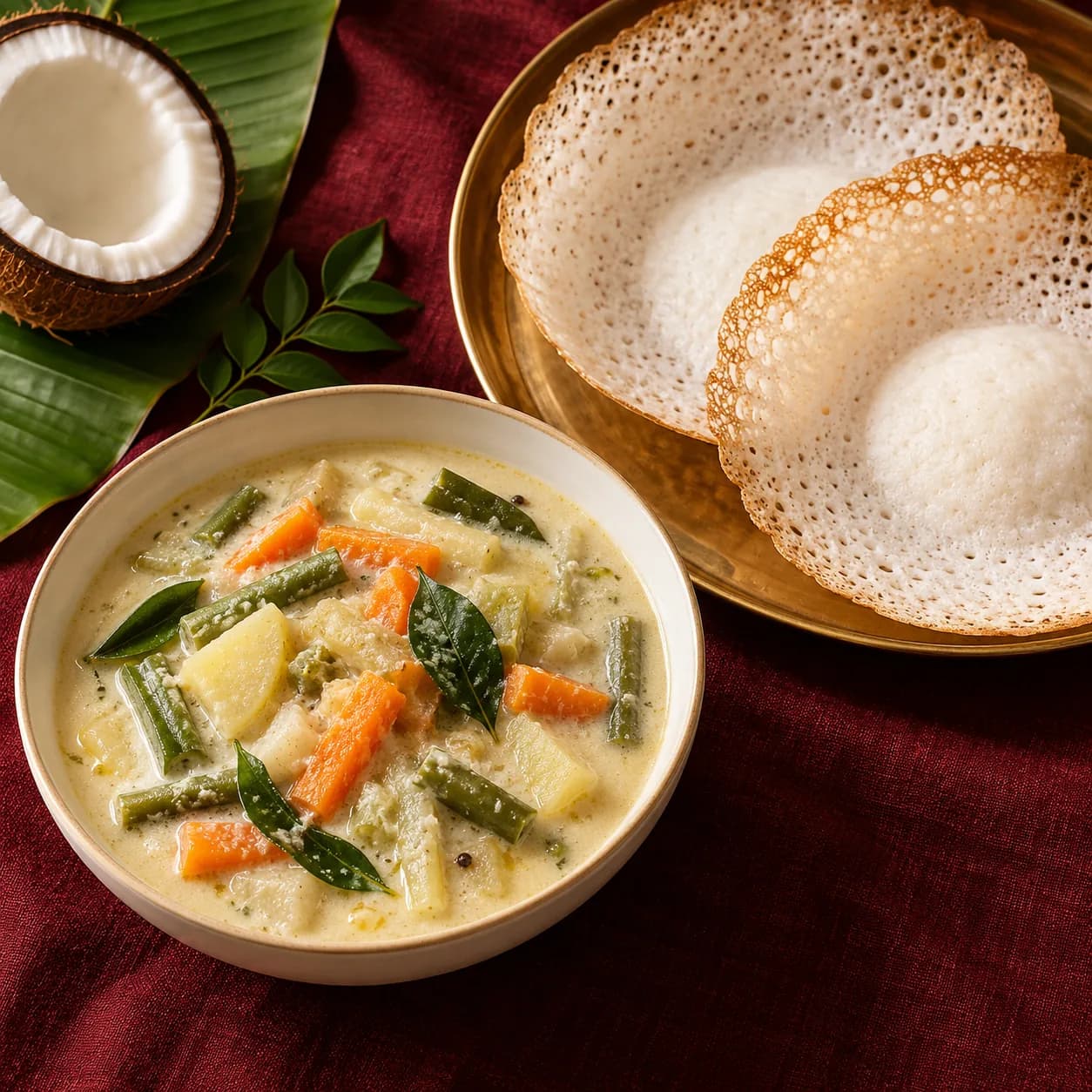 Kerala vegetable stew with lacy appams