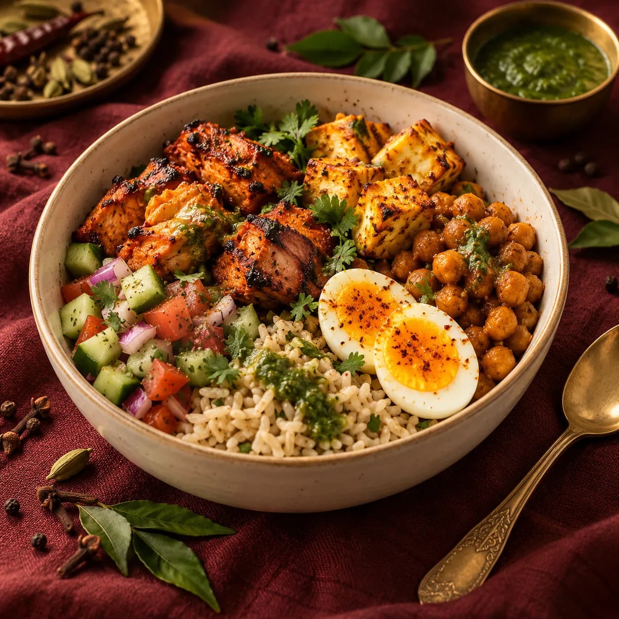A protein bowl of tandoori chicken, paneer tikka, spiced chickpeas and a boiled egg, with rice, kachumber salad and green chutney